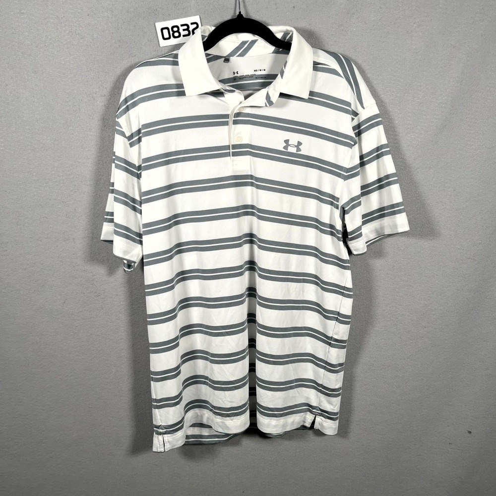 Under Armour Polo Shirt Mens Medium White Gray Horizontal Stripes Performance